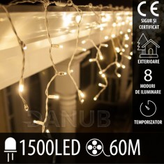 Perdea luminoasă cu led de Crăciun exterior - programe - timer + telecomandă - 1500 led - 60m alb cald