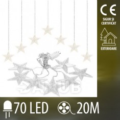 Perdea luminoasă cu led de Crăciun exterior - stele - 70led - 2m alb cald