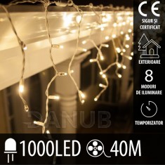 Perdea luminoasă cu led de Crăciun exterior - programe + telecomanda - 1000LED - 40M Alb Cald